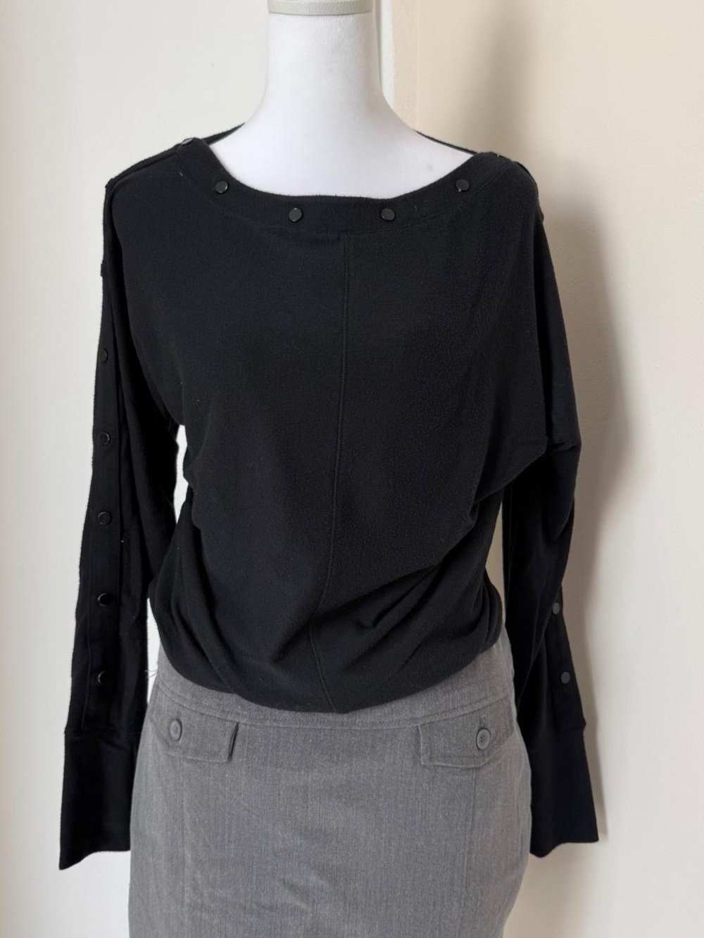 White House Black Market Black Button-Trim Long Sleeve Top